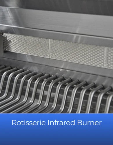 Broilmaster G-Series 34" Elite Edition Built-In Gas Grill features three Bow Tie burners delivering 54,000 BTUs across 806 sq. in. of cooking space, including an 11,000 BTU infrared rotisserie burner and multi-level stainless steel grids for precision heat control.