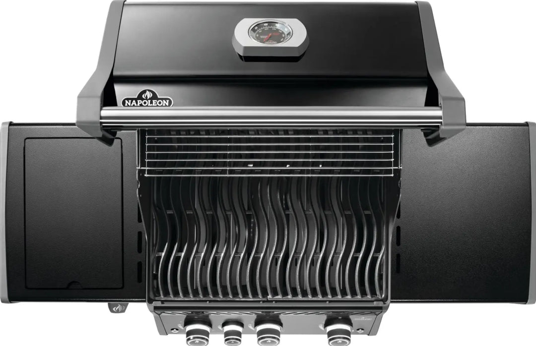 Napoleon Rogue PRO 425 SIB with Premium Black Finish features black porcelain enamel lid and doors, powder-coated control panel and side shelves, delivering durability and style.