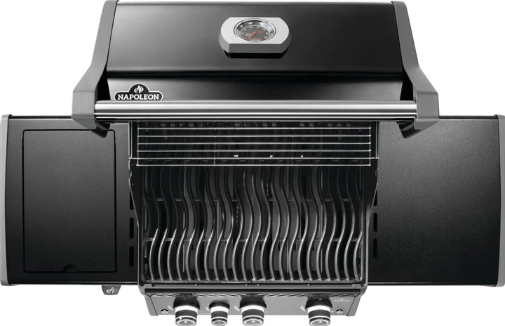 Napoleon Rogue PRO 425 SIB with Premium Black Finish features black porcelain enamel lid and doors, powder-coated control panel and side shelves, delivering durability and style.