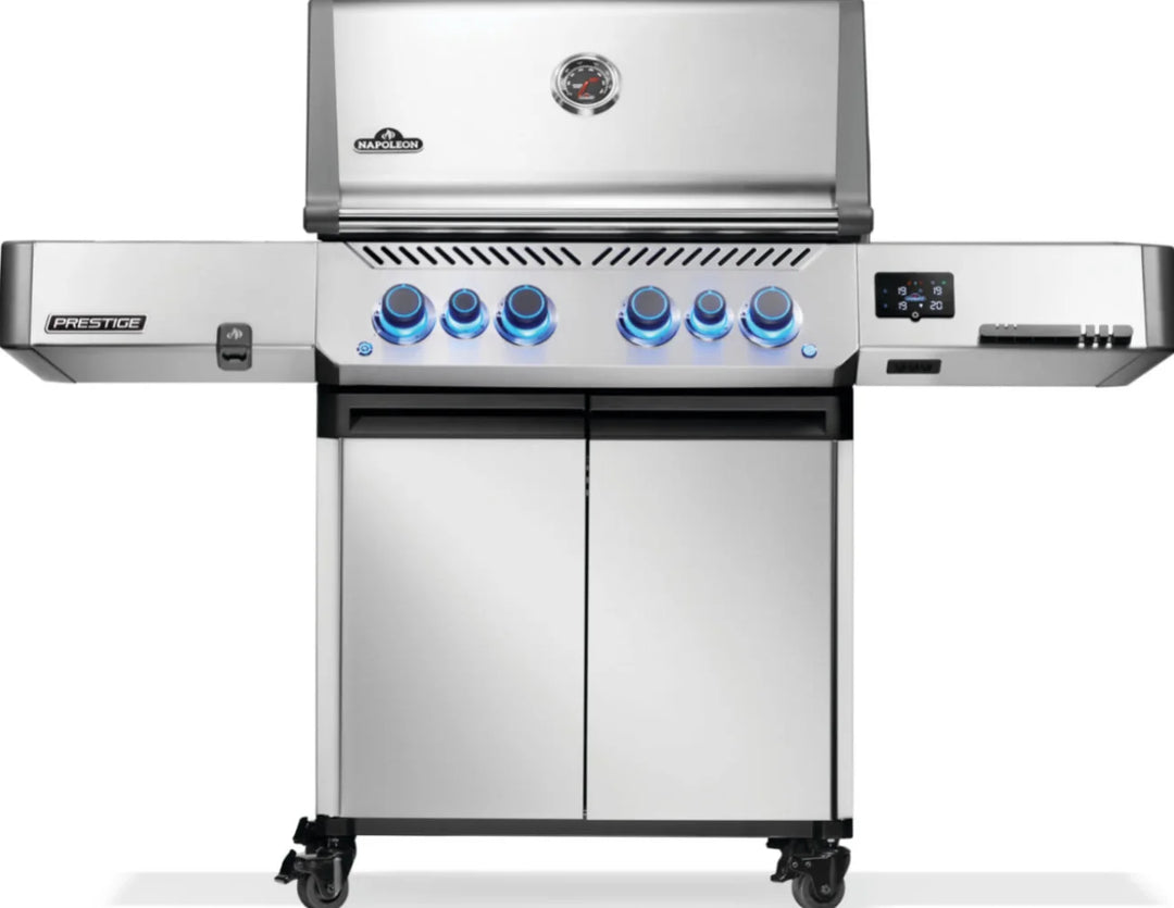 Napoleon Prestige 500 RSIB Gas Grill features stainless steel design, infrared rear and side burners, rotisserie kit, warming rack, and LED Spectrum NIGHT LIGHT control knobs.