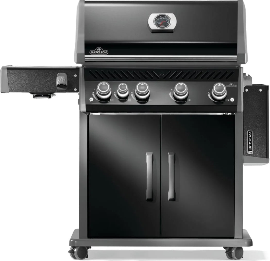 Napoleon Rogue PRO 525 gas grill features black porcelain enamel lid, infrared side burner, and large cooking area for searing, roasting, or smoking.