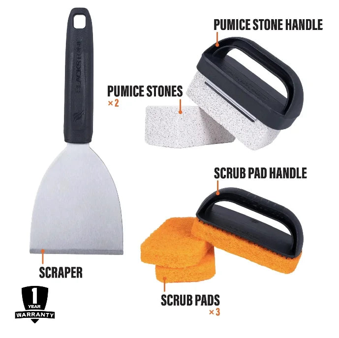 Blackstone 8 Piece Griddle Cleaning Kit - Includes scrub pads for daily cleaning, griddle bricks for resurfacing, scraper for removing food residue, and tool handles dishwasher safe.