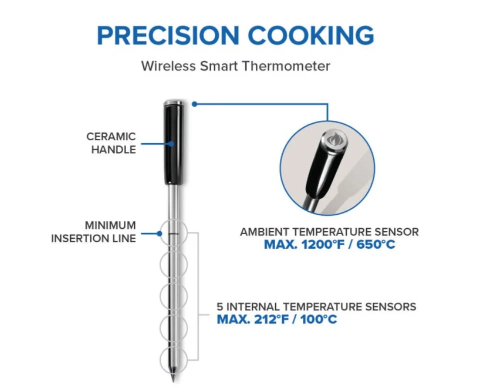 Napoleon ACCU-PROBE PRO X Wireless Bluetooth Smart Thermometer, ultra-thin waterproof probe with six temperature sensors, withstands up to 1200°F ambient and 212°F internal temperatures, for precise doneness monitoring in various cooking methods.