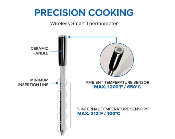 Napoleon ACCU-PROBE PRO X Wireless Bluetooth Smart Thermometer, ultra-thin waterproof probe with six temperature sensors, withstands up to 1200°F ambient and 212°F internal temperatures, for precise doneness monitoring in various cooking methods.