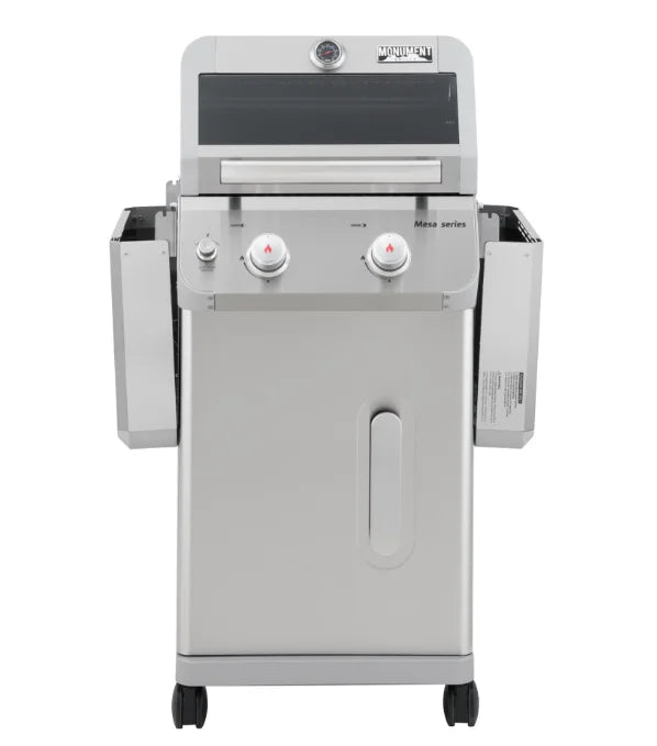 Monument Grills Mesa Series M200S Stainless Steel Gas Grill features compact 2-burner design with durable stainless steel construction, powerful 30,000 BTU output, and porcelain-coated cooking grates for even heat distribution.