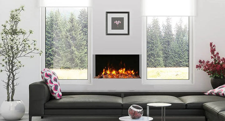 Amantii True View Slim Smart Electric Fireplace, 3-sided glass design, WiFi compatible, programmable timer & thermostat, touch pad control, 10 piece log set and charcoal grey fire glass included.