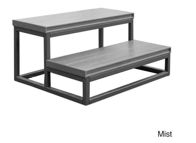 Cal Metro 2-Tier Spa Step: Two-tiered plastic and metal step for safe and easy access to hot tubs, swim spas, or patio entrances, available in Mahogany, Grey, or Smoke finish, engineered for daily use in wet environments.