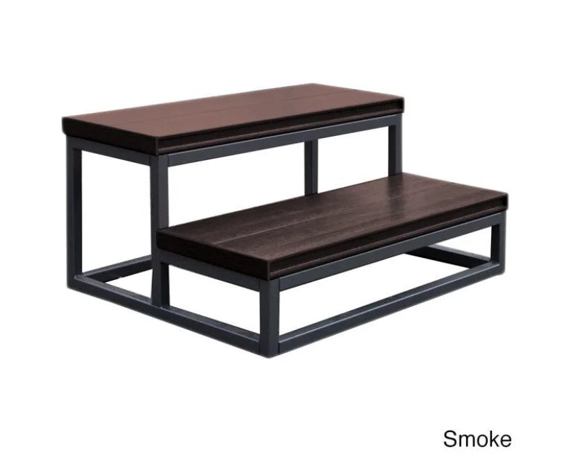 Cal Metro Plastic & Metal 2-Tier Spa Step, two-level design for safer spa entry/exit, moisture-resistant construction, durable materials, available in 30", 48" or 60" widths, made in the USA, with Mahogany, Grey or Smoke color options.
