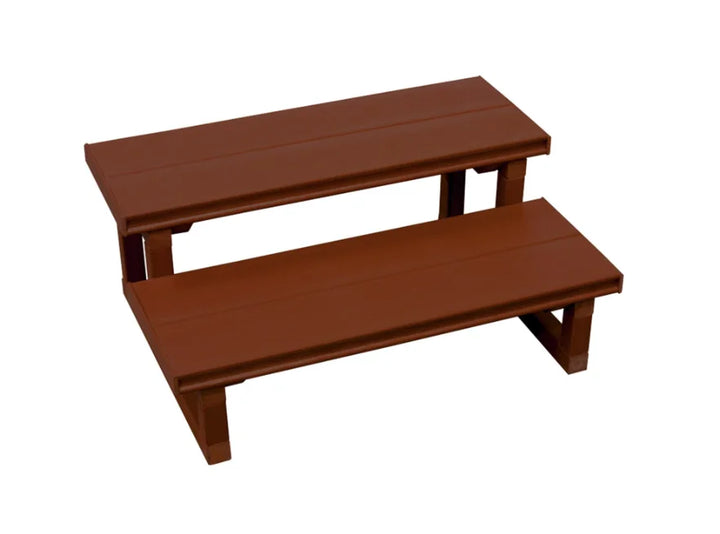 Cal Metro™ / Cal Select™ 2-Tier Spa Steps — 30" or 60", durable two-tier hot tub access steps with rigid square-tube frame and weather-proof synthetic treads in Mahogany, Smoke, or Mist finishes.