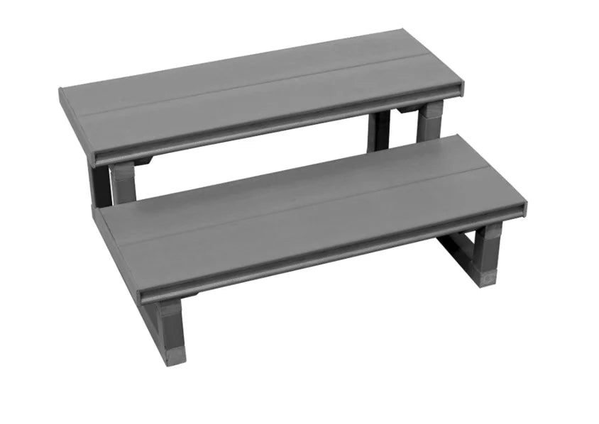 Cal Metro™/Cal Select™ 2-Tier Spa Steps with durable metal frame and synthetic treads in Mahogany, Smoke or Mist finishes, available in compact 30" or expansive 60" widths.