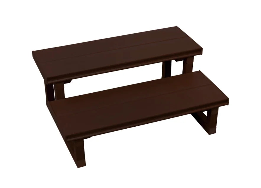 Durable 2-tier hot tub steps in Mahogany or Smoke finish, featuring rigid square-tube frame and slip-resistant synthetic treads for safe entry into your spa.