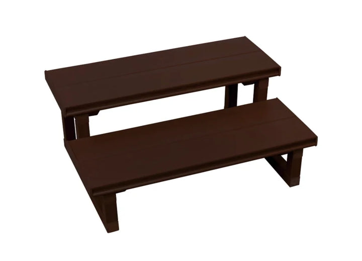 Durable 2-tier hot tub steps in Mahogany or Smoke finish, featuring rigid square-tube frame and slip-resistant synthetic treads for safe entry into your spa.