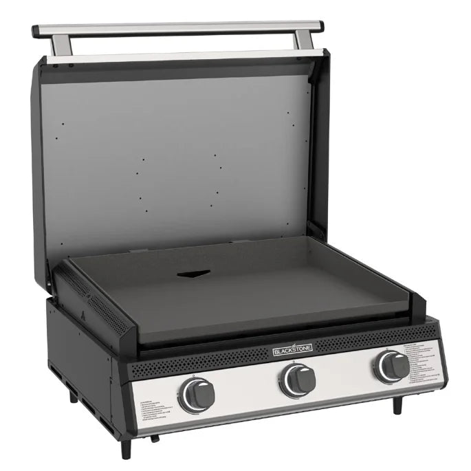 Blackstone 28” Deep Drop-In SS Griddle with Hood – Natural Gas Ready: A high-performance, natural gas-ready griddle featuring a 304-grade stainless steel Omnivore griddle plate with three independently controlled heat zones and built-in hood for even cooking, faster preheat/recovery times, and easy nighttime grilling.