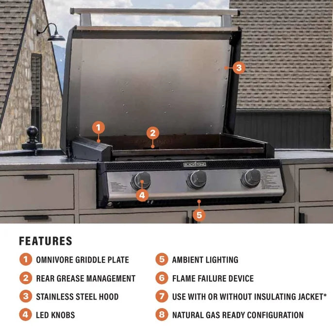 Blackstone 28” Deep Drop-In SS Griddle with Hood - Natural Gas Ready: High-performance outdoor griddle featuring 304-grade stainless steel construction, Omnivore Plate Technology for even heat distribution, and three independently controlled heat zones with LED indicators for precise cooking control, built-in hood and ambient lighting.