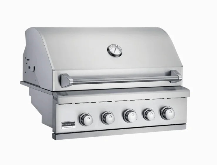 Broilmaster B-Series 32" Marine Grade Built-In Gas Grill, featuring 316 stainless steel construction for maximum durability in coastal environments, with four powerful burners and rear infrared rotisserie burner.