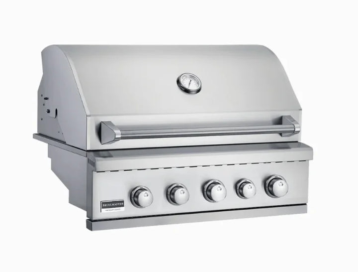 Broilmaster B-Series 32" Marine Grade Built-In Gas Grill, featuring 316 stainless steel construction for maximum durability in coastal environments, with four powerful burners and rear infrared rotisserie burner.