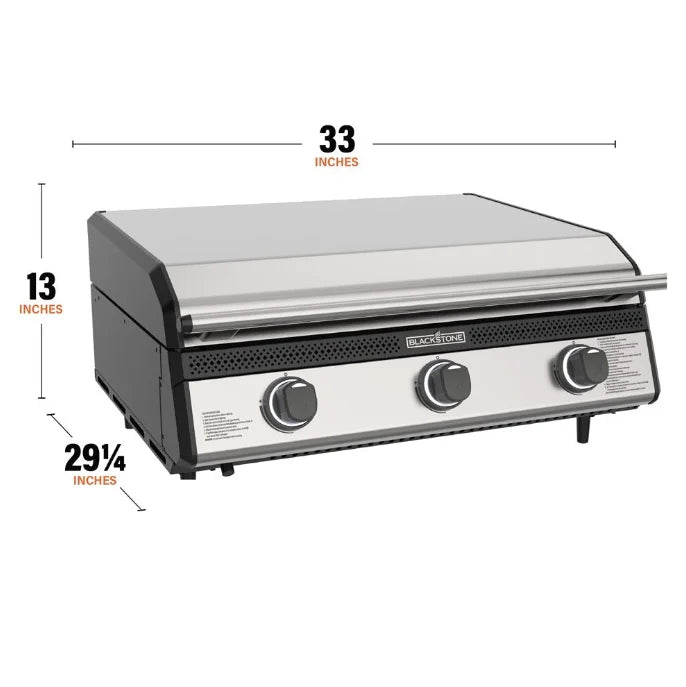 Blackstone 28” Deep Drop-In SS Griddle with Hood – Natural Gas Ready: Stainless steel griddle with built-in hood, three heat zones, and LED indicators for outdoor cooking.