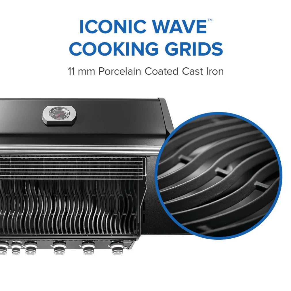 Napoleon Rogue PRO 625 SIB – Black grill features infrared side burner, porcelainized cast iron cooking grids, and backlit control knobs for professional-grade grilling experience.