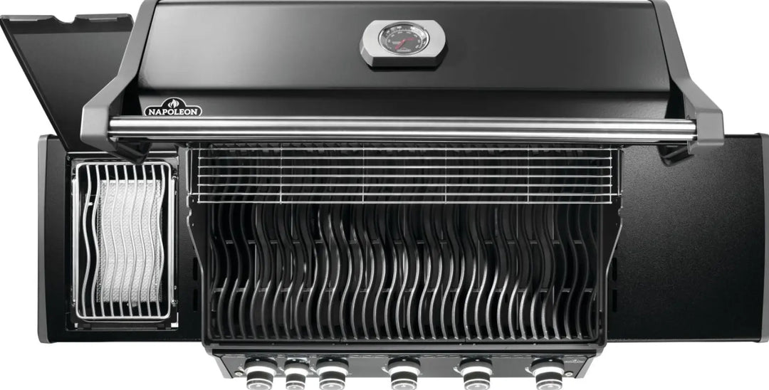 Napoleon Rogue PRO 625 SIB Black Grill with Infrared Side Burner features porcelainized cast iron Iconic WAVE cooking grids for even heat distribution and searing.