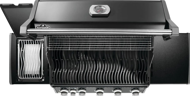 Napoleon Rogue PRO 625 SIB Black Grill with Infrared Side Burner features porcelainized cast iron Iconic WAVE cooking grids for even heat distribution and searing.