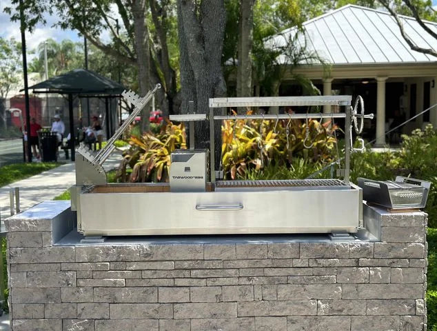 Tagwood Santa Maria Style Built-In Grill: Durable #304 stainless steel construction with multiple grilling zones, 360° rotating clamp grill, and interchangeable griddle for versatile open-fire cooking.