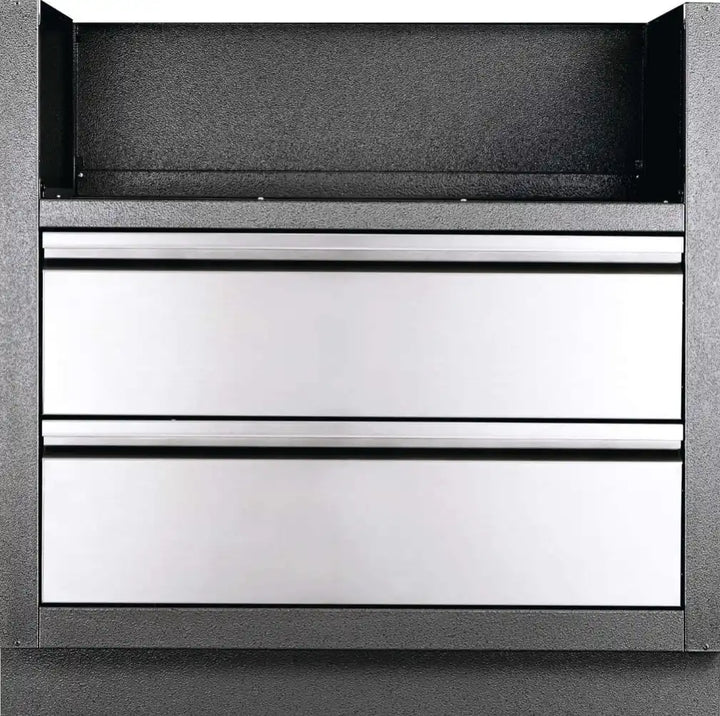 Napoleon OASIS™ 200 Modular Outdoor Kitchen Island Kit featuring a sleek wing-shaped design with stainless steel doors and carbon-colored cabinets housing a powerful 700 Series 32-Inch Gas Grill Head.