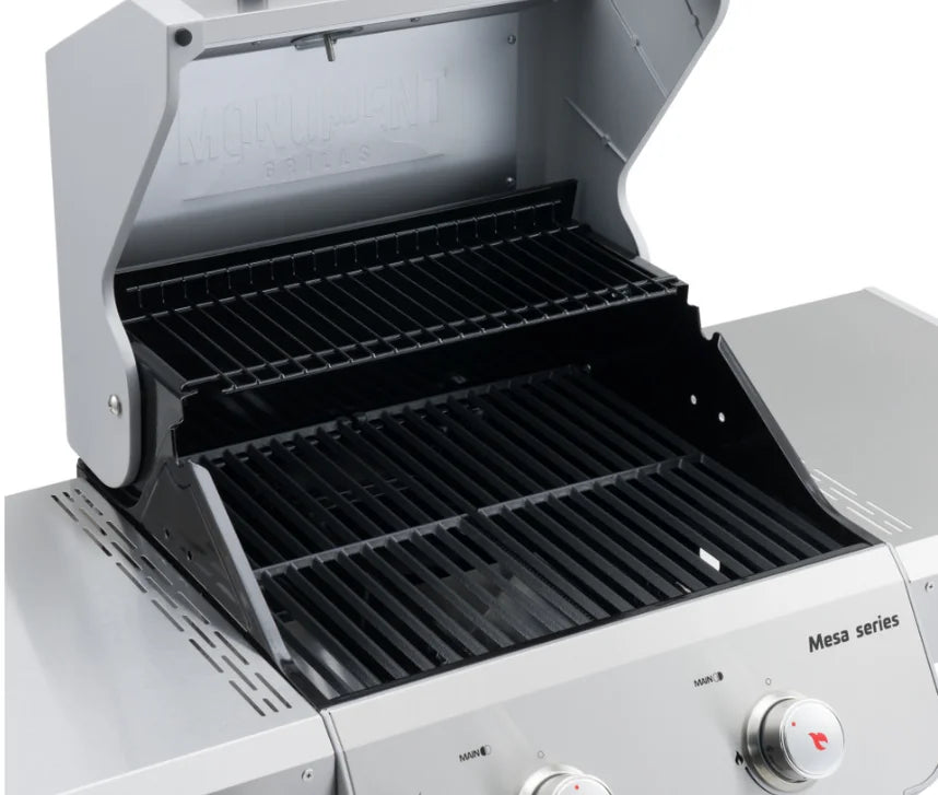 Monument Grills Mesa Series M200S Stainless Steel Gas Grill, compact 2-burner design for small patios, decks, or balconies with durable stainless steel construction and powerful 30,000 BTU output.