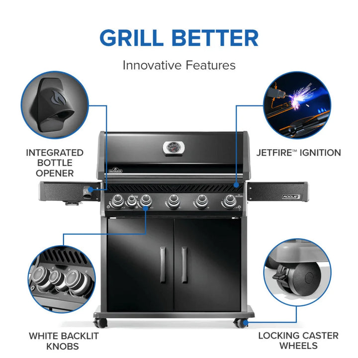 Napoleon Rogue PRO 625 SIB - Black with Infrared Side Burner: High-performance grill featuring black porcelain enamel lid and doors, 6 burners producing 74,000 BTUs, infrared side burner for perfect sears, porcelainized cast iron cooking grids with WAVE design.