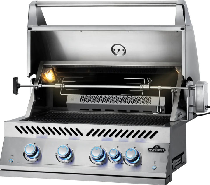 Stainless steel grill with Napoleon logo on a white background