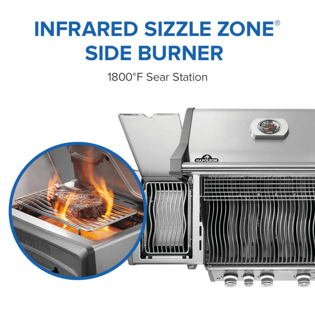 Napoleon Rogue PRO 425 SIB stainless steel propane gas grill features three precision main burners, infrared side burner, and Iconic WAVE cooking grids for exceptional heat distribution and signature sear marks.
