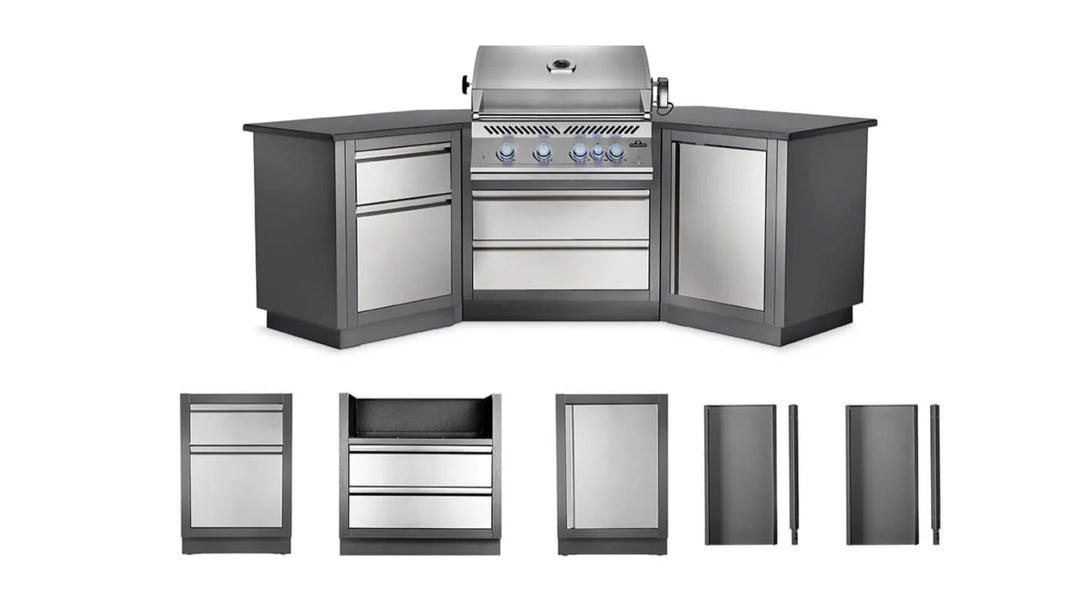Napoleon OASIS™ 200 Modular Outdoor Kitchen Island Kit featuring sleek wing-shaped design, stainless steel doors, powder-coated galvanneal cabinets, and integrated 700 Series 32-Inch Gas Grill Head with 66,000 BTUs of cooking power.