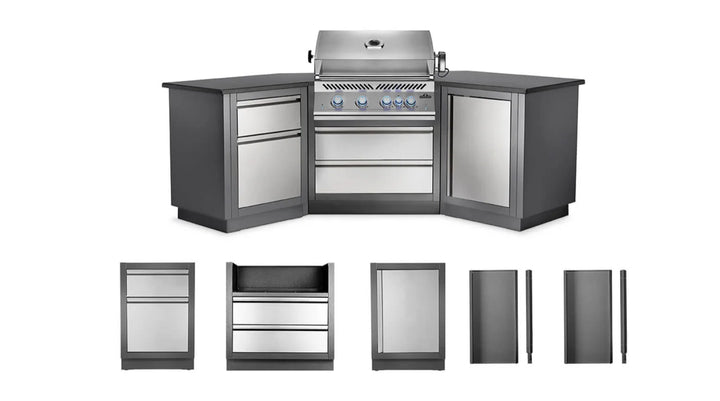 Napoleon OASIS™ 200 Modular Outdoor Kitchen Island Kit featuring sleek wing-shaped design, stainless steel doors, powder-coated galvanneal cabinets, and integrated 700 Series 32-Inch Gas Grill Head with 66,000 BTUs of cooking power.