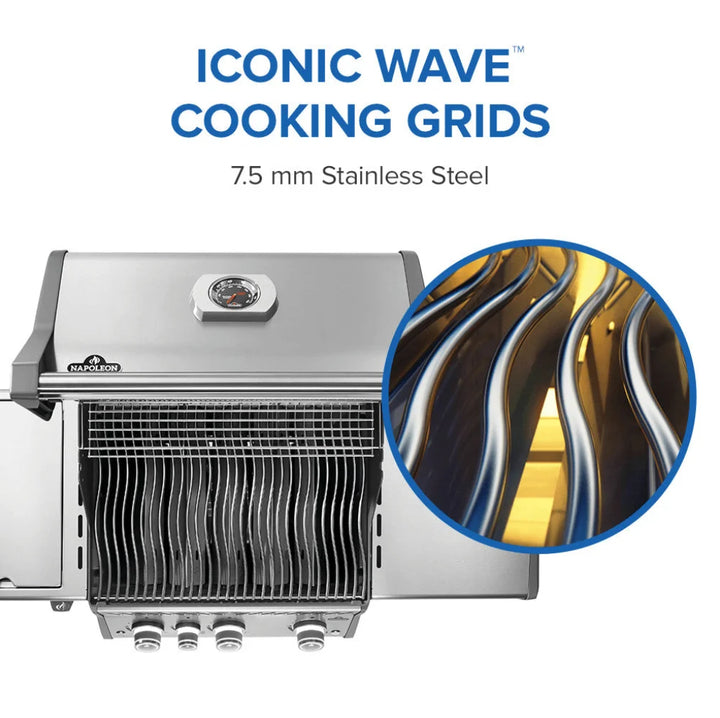 Napoleon Rogue PRO 425 SIB stainless steel propane gas grill features three precision-engineered main burners, infrared side burner, and iconic WAVE cooking grids for exceptional heat distribution and signature sear marks every time.