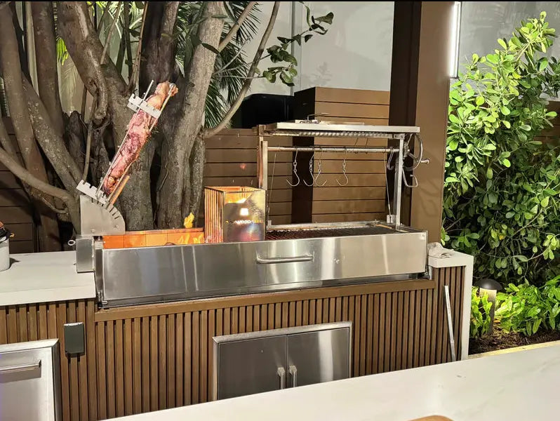 Tagwood Santa Maria Style Built-In Grill, stainless steel construction, features interchangeable griddle, clamp grill, and roofing grill, multiple cooking zones for low and slow or high-heat searing.