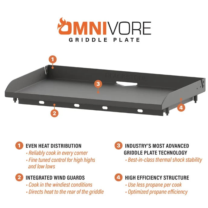 Blackstone 28” Deep Drop-In SS Griddle with Hood – Natural Gas Ready: A stainless steel outdoor griddle featuring Omnivore technology for fast preheat and recovery, three independently controlled heat zones, built-in hood, and ambient puddle lighting.