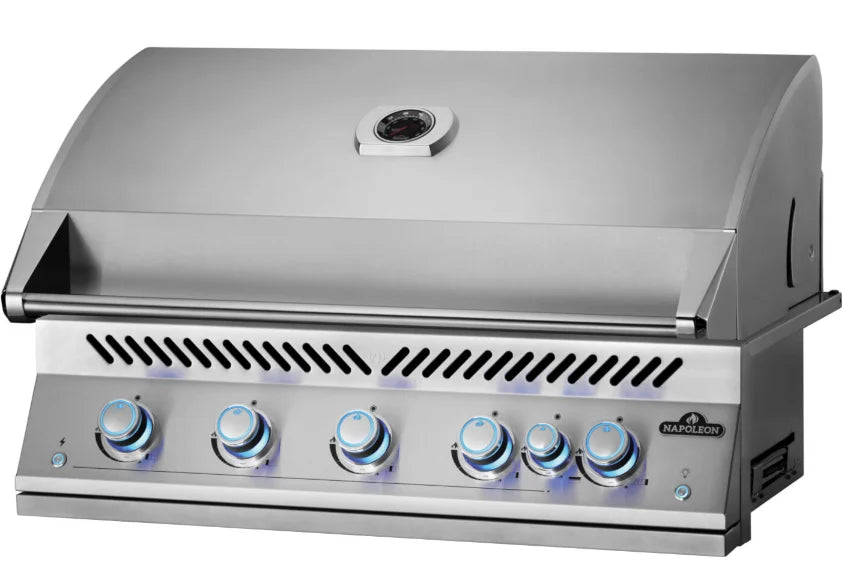 Napoleon Built-In 700 Series 38-inch Propane Grill features five stainless steel main burners producing 78,000 BTUs, complemented by a rear infrared rotisserie burner with commercial-grade rotisserie kit.