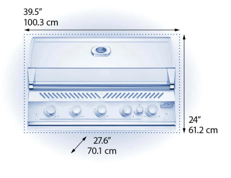 Napoleon Built-In 700 Series 38" Propane Grill with Rear Infrared Burner: High-grade stainless steel construction, five main burners delivering 78,000 BTUs, rear infrared rotisserie burner, and spacious cooking area.