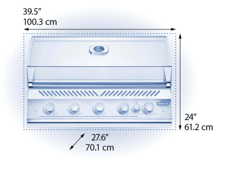 Napoleon Built-In 700 Series 38" Propane Grill with Rear Infrared Burner: High-grade stainless steel construction, five main burners delivering 78,000 BTUs, rear infrared rotisserie burner, and spacious cooking area.
