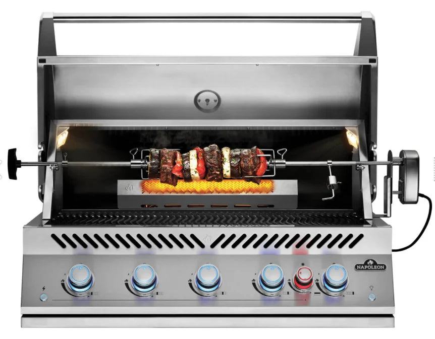 Napoleon Built-In 700 Series 38-inch Gas Grill features five stainless steel main burners producing 78,000 BTUs and rear infrared rotisserie burner, paired with high-grade stainless steel construction for durability and sleek modern design.