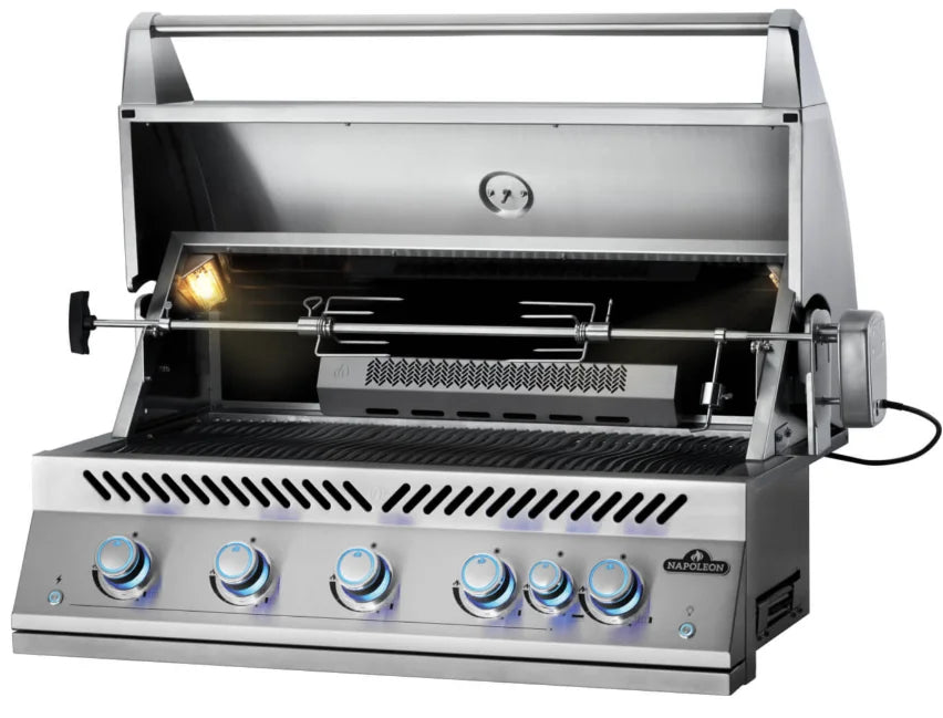Napoleon Built-In 700 Series 38" Propane Grill with Rear Infrared Burner features five stainless steel main burners producing 78,000 BTUs and a rear infrared rotisserie burner for professional-grade grilling performance.