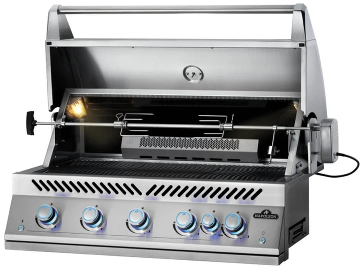 Napoleon Built-In 700 Series 38" Propane Grill with Rear Infrared Burner features five stainless steel main burners producing 78,000 BTUs and a rear infrared rotisserie burner for professional-grade grilling performance.