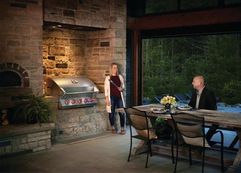 Napoleon Built-In 700 Series 38-inch Propane Grill features five stainless steel main burners producing 78,000 BTUs, complemented by a rear infrared rotisserie burner with commercial-grade kit and integrated trim for seamless outdoor kitchen installation.