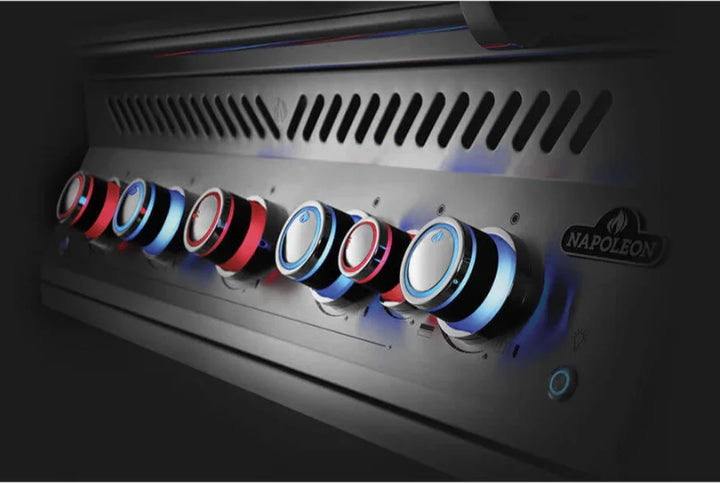 Napoleon Built-In 700 Series 38" Propane Grill with Rear Infrared Burner features five stainless steel main burners producing 78,000 BTUs and a rear infrared rotisserie burner, complemented by thick 9-mm stainless steel wave cooking grids for even heat distribution.