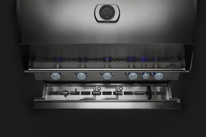 Napoleon Built-In 700 Series 38-inch Propane Grill features five stainless steel main burners producing 78,000 BTUs, complemented by a rear infrared rotisserie burner with commercial-grade rotisserie kit and spacious 35.5" x 18" main cooking area.