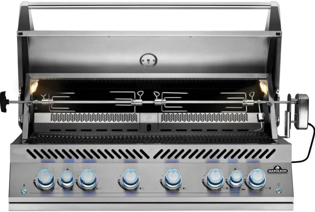 Napoleon 700 Series 44" Built-In Gas Grill features six stainless steel main burners, dual rear infrared rotisserie burners, and precision temperature control for elite-level grilling performance.