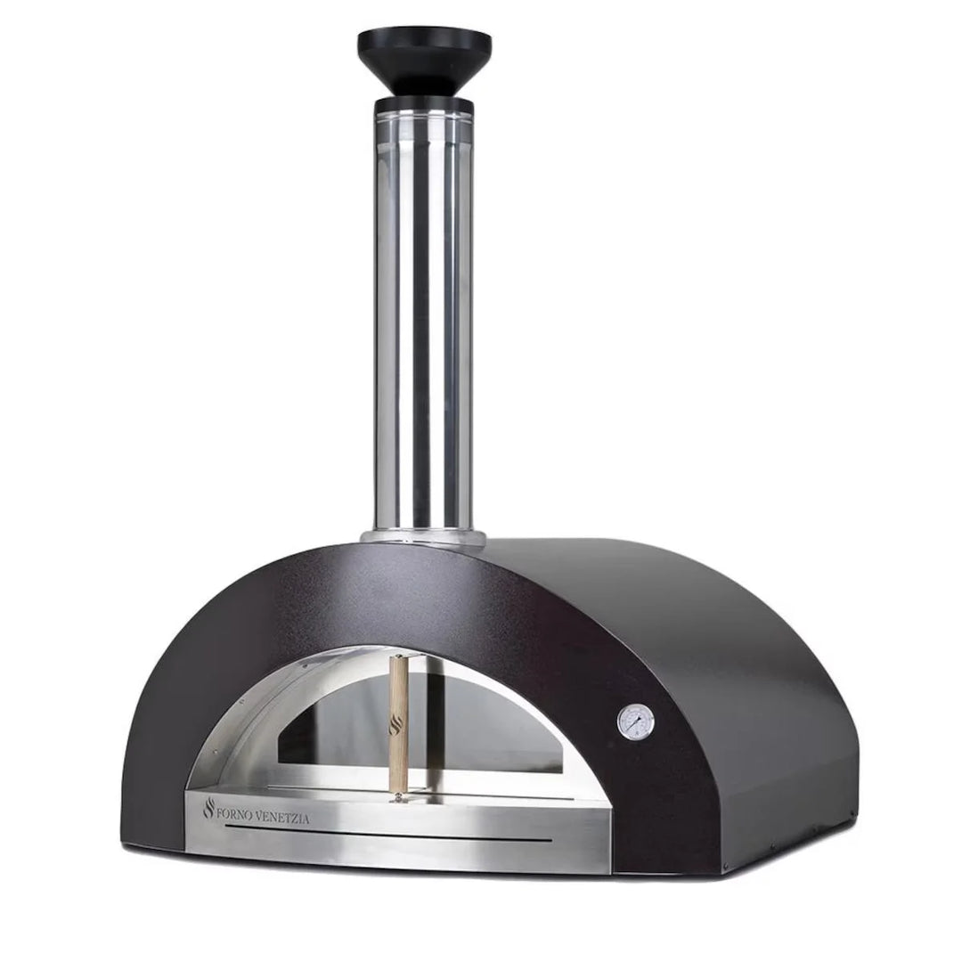 Forno Venetzia "Bellagio 200" - Copper: Large countertop wood-fired oven with copper dome, featuring firebrick hearth, ceramic insulation, glass door, and stainless steel chimney, perfect for outdoor kitchens and cooking up to 5 pizzas.