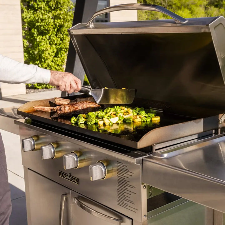 Blackstone Select 36” SS Griddle with Cabinet, featuring 768 sq in cooking space, 304 stainless steel construction, and Omnivore Griddle Plate Technology for fast preheating and even heat distribution.