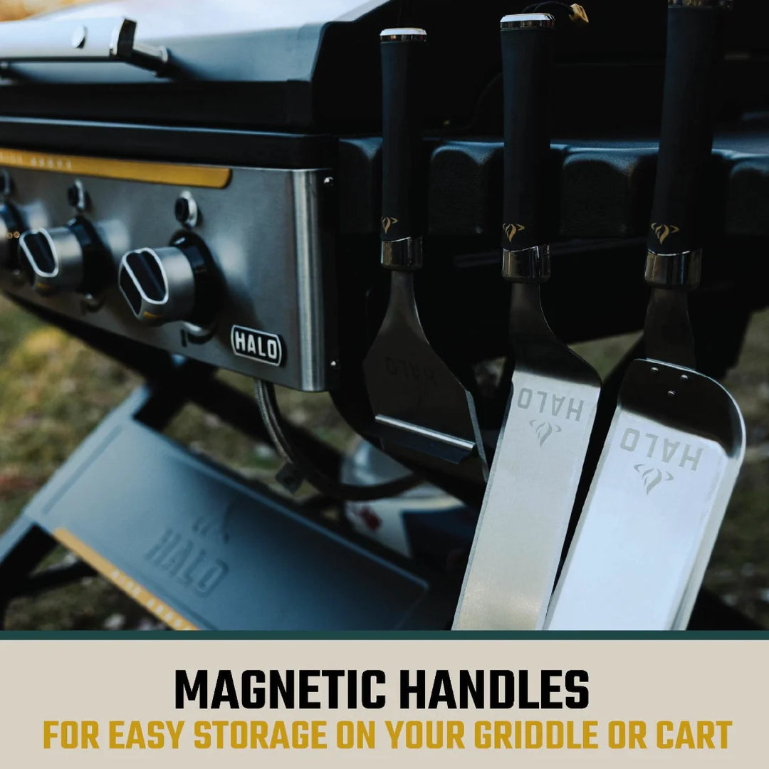 Halo 5-Piece Elite Essentials Griddle Tool Kit featuring stainless steel spatula, scoop spatula, blade spatula, squeegee scraper, and 27 oz squeeze bottle for efficient cooking, serving, and cleanup.