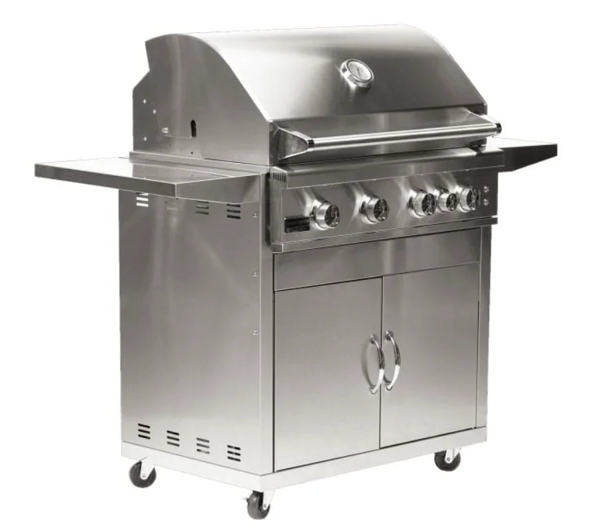 Broilmaster B-Series Marine Grade 32" Portable Gas Grill features 316 marine-grade stainless steel construction, four cast stainless steel burners, and a rear infrared rotisserie burner for slow roasting perfection in any environment.