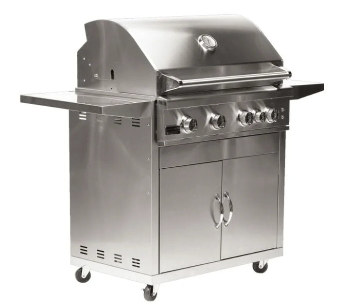 Broilmaster B-Series Marine Grade 32" Portable Gas Grill features 316 marine-grade stainless steel construction, four cast stainless steel burners, and a rear infrared rotisserie burner for slow roasting perfection in any environment.